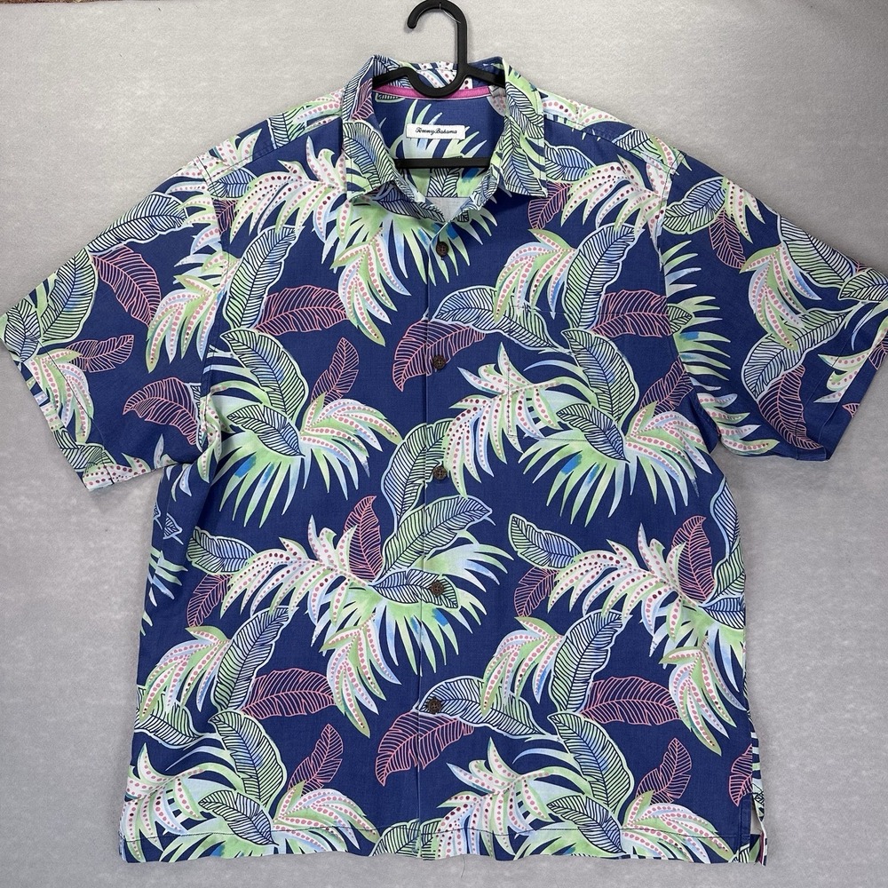 Tommy Bahama Mens XL Silk‎ Blend Hawaiian Shirt Blue Palm Tree Camp Short Sleeve